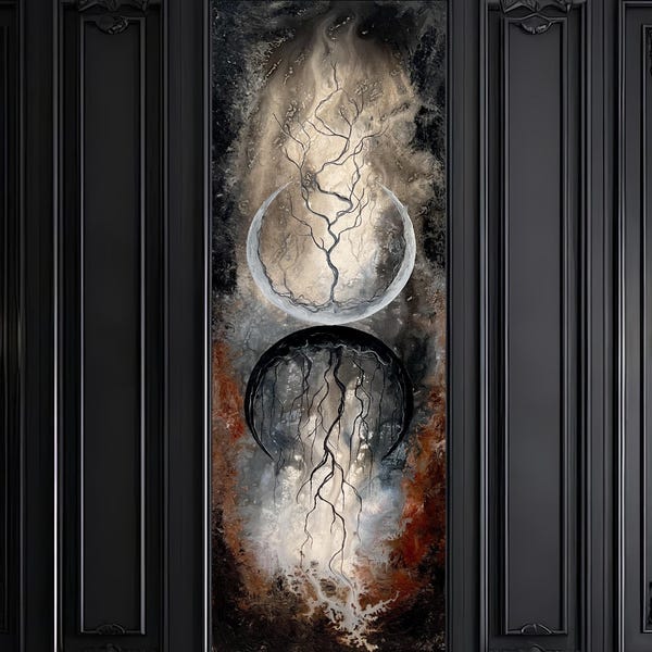 Reflejo del alma - Lámina decorativa oscura para pared - Árboles claros y oscuros con lunas crecientes luminosas