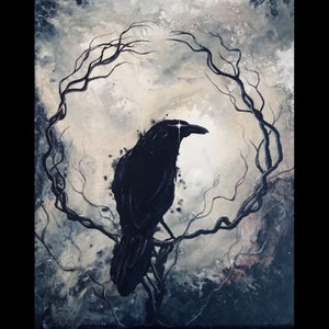 Seeker of Starlight - Shadowy Art Print - Dark Gothic Crow Raven in Ring of Branches with Glowing Starry Eye