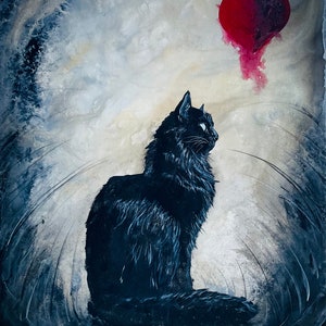 Roi de coeur - Impression d'art chat noir - Royal félin foncé aux cheveux longs médite sous un coeur rouge surréaliste ardent