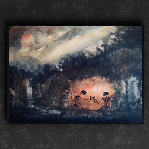 The Night Belongs to Us - Dark Art Print - Skeletons Toasting w/ Wine Beneath Surreal City
