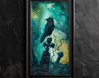 Gone Too Soon - Dark Fantasy Art Print - Raven Roosting on Tombstone