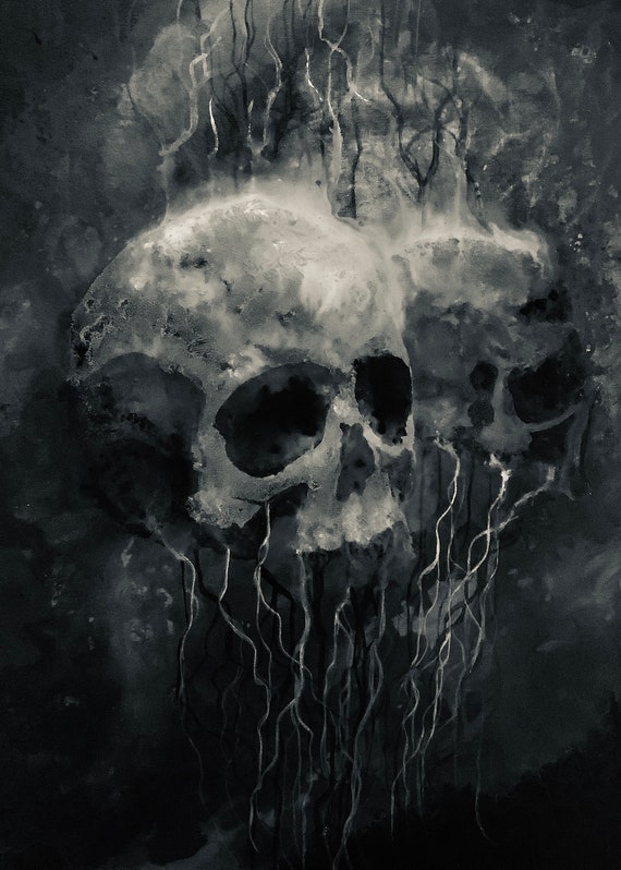 Bound by Shadow Dark Art Print Two Black & White Skulls Burning in