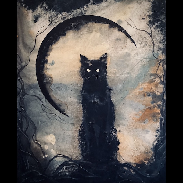 Fearless Familiar - Printable Digital Art Download - Lanky & Hungry Black Cat Haunting Surreal Landscape Beneath Crescent Moon