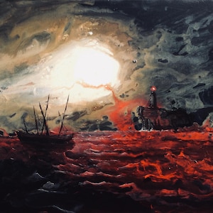 Finding the Night - Fine Art Print - Dark Ship on Red Ocean at Dusk Chasing Lighthouse & Glowing Moon
