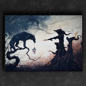 May include: A framed artwork depicts a dark fantasy scene. A silhouetted wolf perches on a tree branch, holding a lantern with a heart-shaped glow. Figures in hooded cloaks reach towards the wolf. The color palette is dark with muted tones.