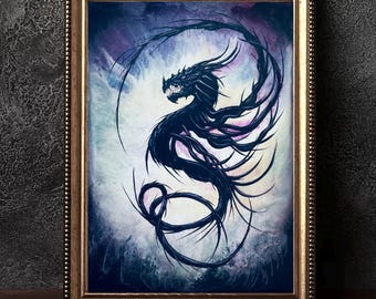 Shadowthorn - Druckbare Kunst - Dunkler Drache und Schlange fliegend auf surrealem Hintergrund