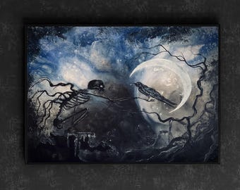 I Remember You - Dark Art Print - Thoughtful Skeleton Holding Aloft Raven Companion