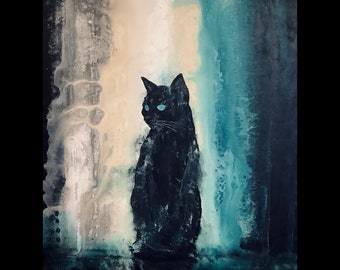 The Rain is Coming - Moody Cat Art Print - Mysterious Black Feline Gazing into Surreal Backdrop