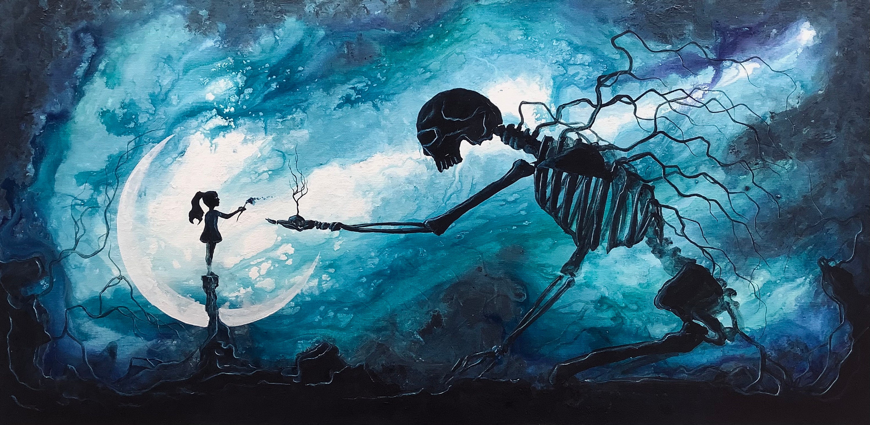 Forget Me Not - Lustrous Art Print - Giant Skeleton Gifting Tree to L…