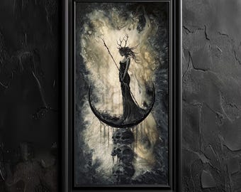 Farewell Forever - Black and White Art Print - Dark Sad Fae Woman with Antlers and Staff Standing on Surreal Moon and Three Skulls