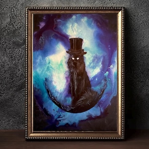 Baron Von Noir - Funny Black Cat Art Print - Shadowy Haunted Feline with Tall Top Hat Sitting atop Surreal Moon