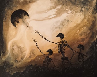 Wailing for the Next World - Printable Digital Art Download - Lonely Skeletons Reaching through Surreal Mist for Broken Shadow Moon