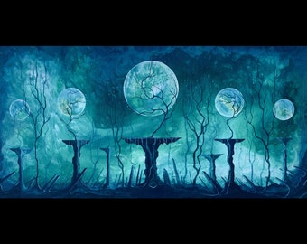 The Night Perpetual - Surreal Art Print - Five Full Moons Rising over Dark Green Forest, Platforms, and Totems