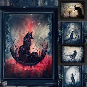 May include: Framed artwork featuring a dark wolf figure seated on a crescent moon, set against a red and gray background. The painting has a gothic, fantasy theme, with a dark blue frame. Additional smaller paintings with wolf themes are also visible.