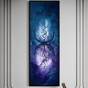 Soul Ethereal - Descarga de arte mural imprimible - Árboles sombríos y flores oscuras surgen de lunas crecientes surrealistas de color azul profundo y morado