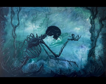 Eternal Promises - Printable Digital Art Download - Lone Giant Skeleton Holds Tiny Girl Offering Flower in Surreal Landscape