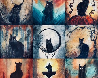 Fall Felines - Lustrous Art Print - Montage of Haunted Black Cats in Autumn with Moons and Twisty Trees