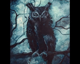 Queen of Dusk - Shadowy Art Print - Dark Owl at Twilight on Blue Moonlit Tree Branch