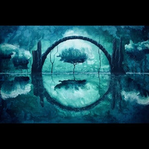 Mirror of Ourselves - Lustrous Art Print - Dark Bridge over Deep Green Calm Reflective Water & Summer Trees