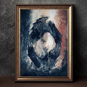 The Dance Eternal - Shadowy Art Print - Two Mirrored Crows Circling in Surreal Sky