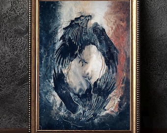 The Dance Eternal - Shadowy Art Print - Two Mirrored Crows Circling in Surreal Sky