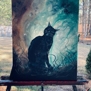 A Bath for Bast Original Canvas Painting Regal Black Cat Licks Herself ...