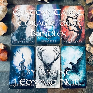 May include: Custom Tarot & Oracle Deck Bundles by Artist J. Coward Neill. The image shows six tarot cards with unique illustrations and titles like "The Illusionist" and "The Dreamer". The cards feature dark, mystical artwork with various color schemes.