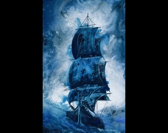 Ocean's End - Deep Blue Art Print - Dark Ancient Boat Sailing in Huge Waves at Sea in Deep Blue Night