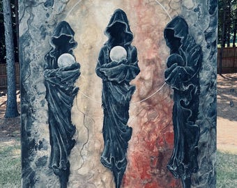 Prophets of the Moon - Original Canvas Painting - Three Dark Cloaked Figures Holding Moons