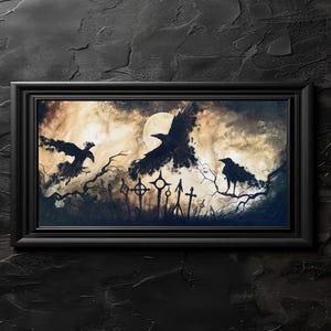 Festín de la Noche - Lámina artística sombría - Trío de cuervos oscuros sobrevolando un cementerio embrujado