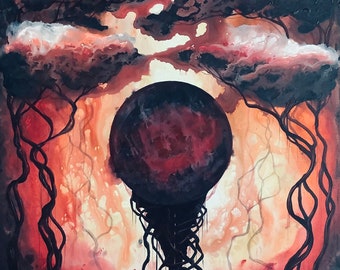 Moon Mastery - Original Canvas Painting - Dark Chalice Holding Blood Moon in Surreal Forest