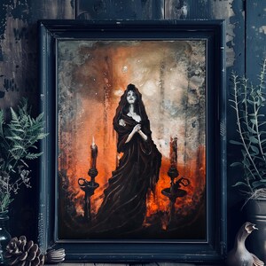 Countess of Candles - Printable  Wall Art Download - Pale Ghostly Witchy Woman Haunting Surreal Scene with Two Huge Candlesticks
