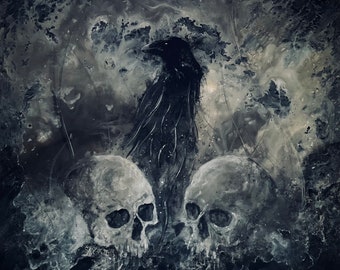 Waning of the Witching Hour - Dark Art Print - Dark Raven Fades into Shadows between Two Surreal Black & White Skulls