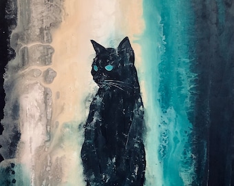 The Rain is Coming - Lustrous Art Print - Mysterious Black Cat Gazing into Surreal Backdrop
