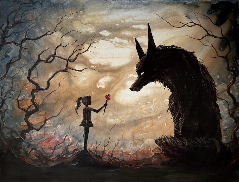 May include: An artistic painting depicts a silhouetted girl offering a red flower to a large, dark wolf-like creature. The background features a cloudy sky and bare tree branches, creating a mysterious and slightly ominous atmosphere. The color palette is dominated by dark tones.
