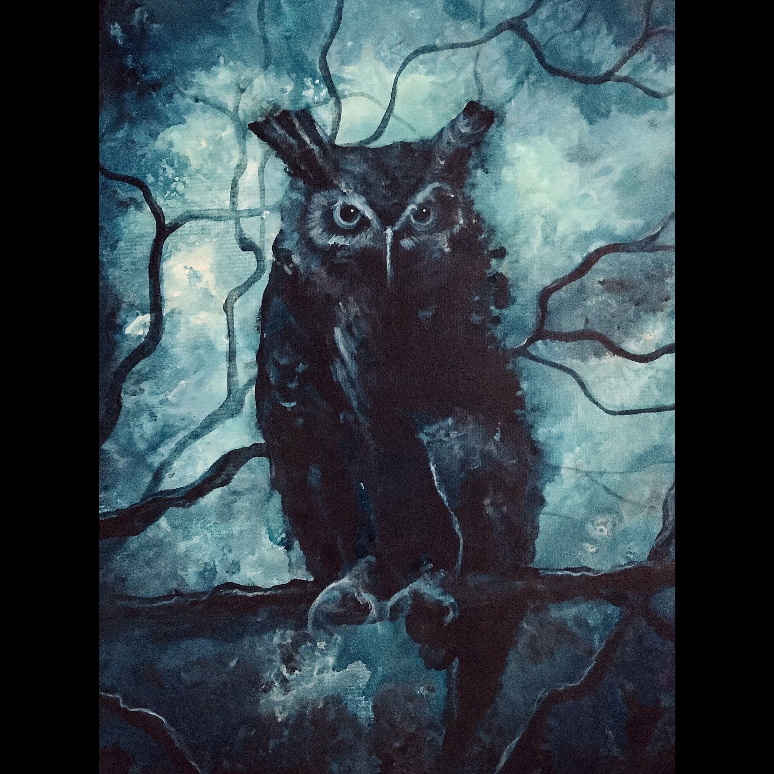 Queen of Dusk - Shadowy Art Print - Dark Owl at Twilight on Blue Moonlit  Tree Branch - Etsy, image size:2629x2629