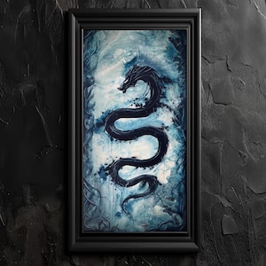 Thunderscale - Printable Wall Art Download - Serpentine Blue Dragon Soaring in Surreal Dark Otherworldly Background