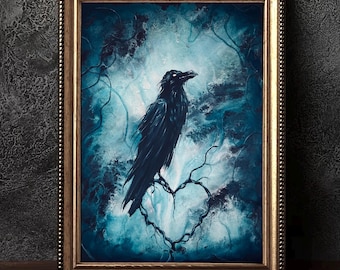 May include: A black raven perched on a branch in a blue and white watercolor painting. The raven has a dark, almost black, body and a long, pointed beak. The background is a swirling mix of blue and white, creating a sense of movement and mystery.