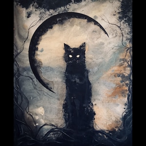 Fearless Familiar - Lustrous Tapestry - Lanky & Hungry Black Cat Haunting Surreal Landscape Beneath Crescent Moon