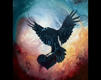 Heart Thief - Shadowy Crow Art Print - Grinning Raven Steals Shadowy Dark Heart in Gothic, Surreal Background