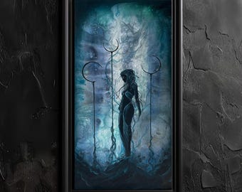 Unloved - Dark Art Wall Print - Gloomy Sad Medusa Goddess Weeps atop Moon Pillars