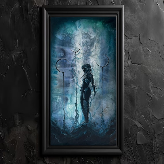 Unloved - Dark Art Wall Print - Gloomy Sad Medusa Goddess Weeps in Surreal Landscape with Moon Pillars