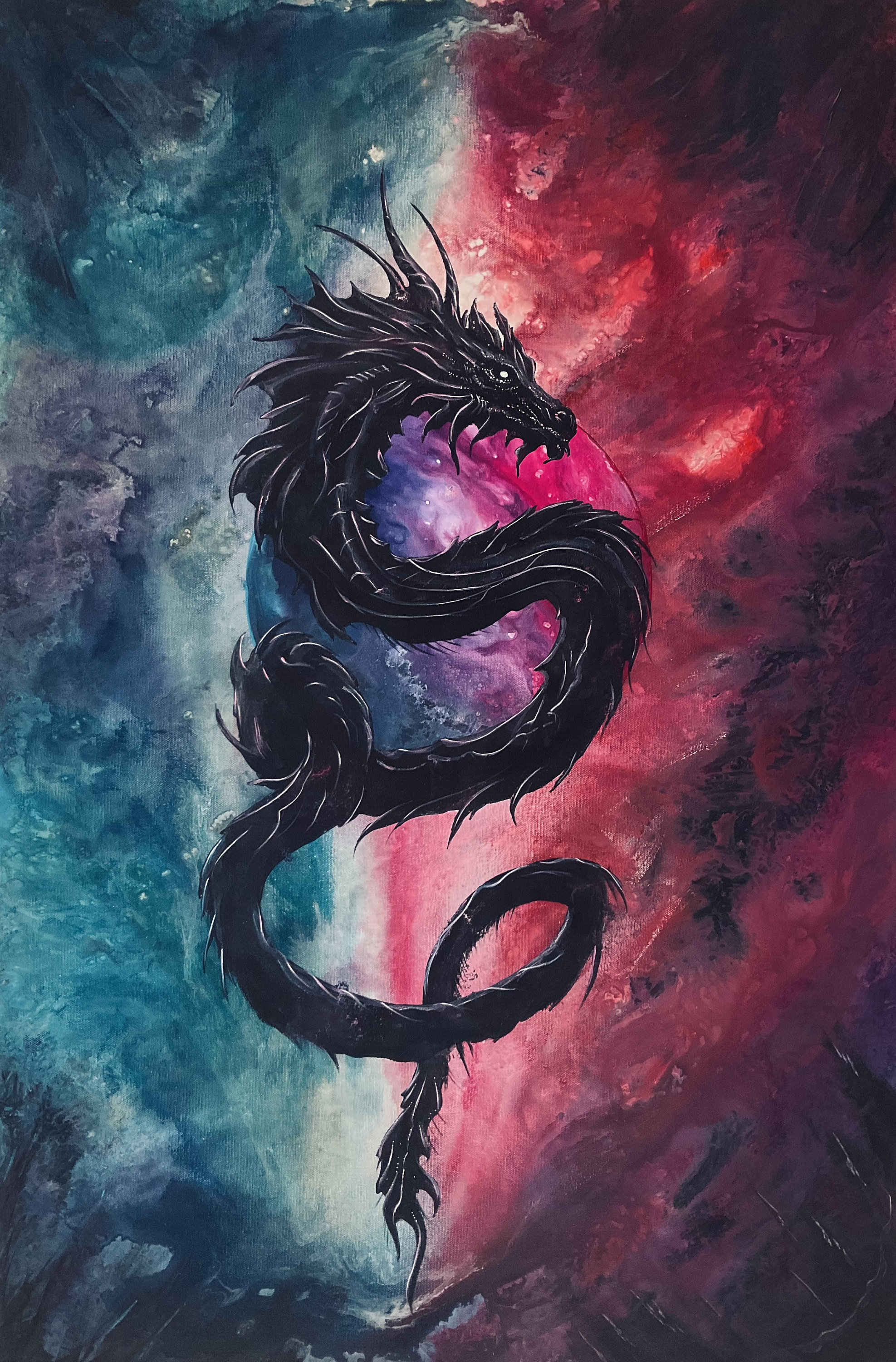 Mythicus - Fantasy Art Print - Serpentine Dragon Floating in Surreal Celestial Background with Otherworldly Moon