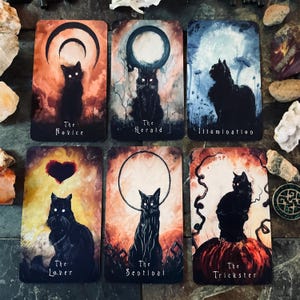 May include: Six tarot cards featuring black cat illustrations with various backgrounds. Each card has a title: The Novice, The Herald, Illumination, The Lover, The Sentinel, and The Trickster. The cards have a mystical and gothic theme.