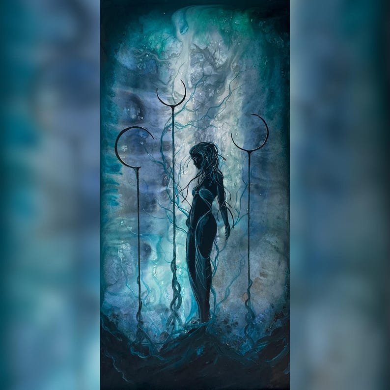 Unloved - Dark Art Wall Print - Gloomy Sad Medusa Goddess Weeps atop Moon Pillars image 5