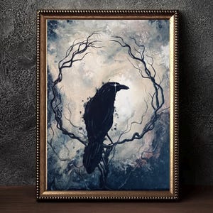 Seeker of Starlight - Printable  Wall Art Download - Black Crow with Gleaming Eye Perched on Surreal Tree