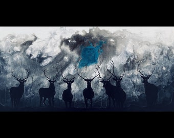 Kingdom of Dusk - Printable Digital Art Download - Dark Stags Haunting the Night beneath Abstract Blue Moon