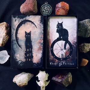 May include: A tarot card deck with a black cat illustration. The box reads "Haunted Cat Tarot." The cards feature a black cat with glowing eyes. The "Wheel of Fortune" card is visible. The image is surrounded by crystals, stones, and a small skull.