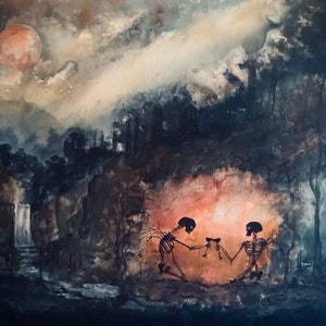 The Night Belongs to Us - Dark Art Print - Two Skeletons Toasting w/ Wine Beneath Surreal City & Full Moon in Shadowed Landscape
