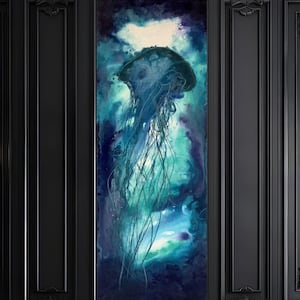 Forever Floating - Deep Blue Art Print - Luminous Shadowy Jellyfish Floating in Surreal Ocean